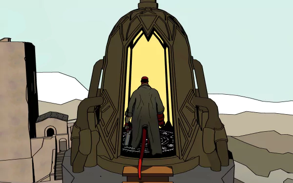 A bold character stands at the entrance of a mystical portal, set against a stylized landscape. This HD wallpaper is inspired by the video game Hellboy: Web of Wyrd.