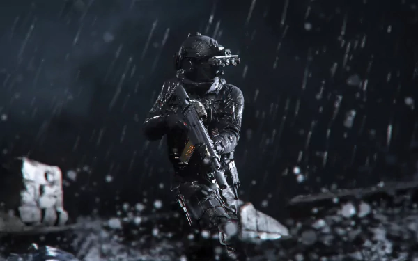 A dark, atmospheric HD wallpaper featuring a soldier in tactical gear from Call of Duty: Modern Warfare III (2023), poised with a weapon amidst falling rain and debris.