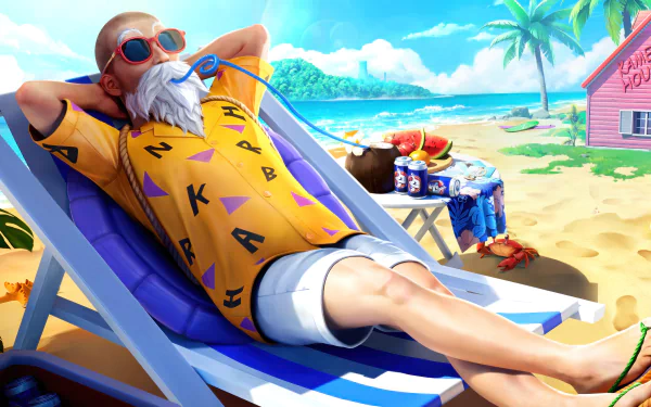 HD wallpaper featuring Master Roshi from Dragon Ball, relaxing on a beach chair in a crossover with Playerunknown's Battlegrounds.
