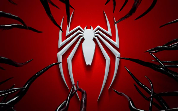 4K Ultra HD wallpaper featuring the Spider-Man logo from Marvel's Spider-Man 2 video game, set against a striking red background with black web-like tendrils.
