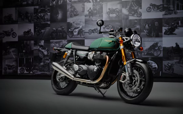 HD wallpaper of a Triumph Thruxton Final Edition motorcycle, displayed elegantly against a backdrop of vintage-style black and white photos, signifying the model's illustrious heritage.