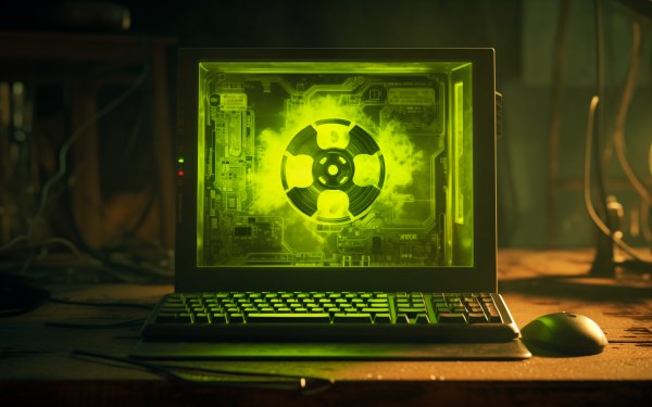 Futuristic green glowing computer screen with radioactive symbol wallpaper in a dark room, perfect for HD desktop and background themes.