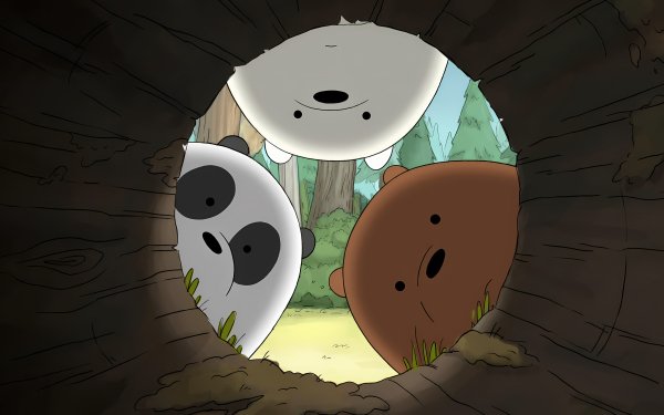 We Bare Bears characters peeking through a log in HD wallpaper for desktop background.