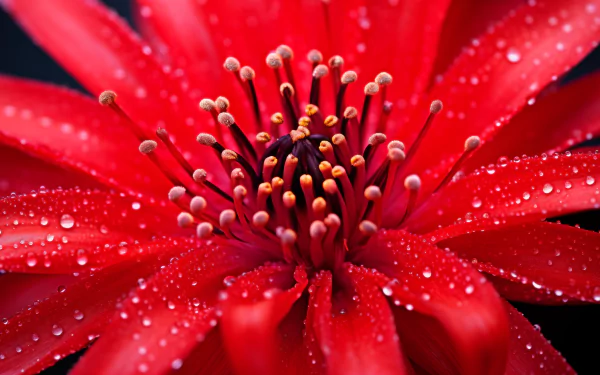 Red flower macro HD wallpaper with water droplets.