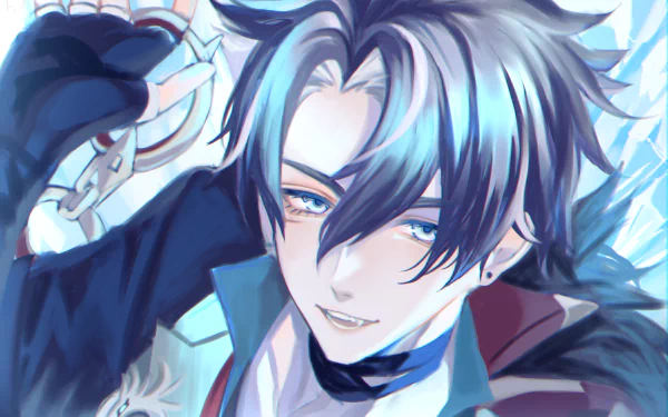 HD desktop wallpaper featuring an artistic representation of a character from Genshin Impact, with vibrant blue and black hair, on an abstract background.