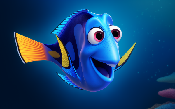Colorful animated fish character on a deep blue ocean background for HD desktop wallpaper.