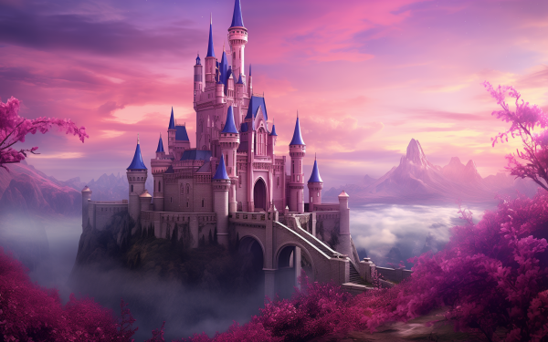 Enchanted fairy tale castle amidst a mystical pink forest with fog, available as an HD desktop wallpaper.
