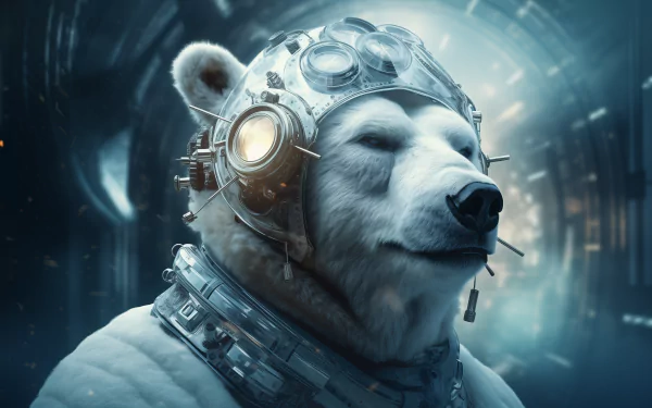 Futuristic polar bear astronaut with a space helmet set against a sci-fi tunnel background for HD desktop wallpaper.