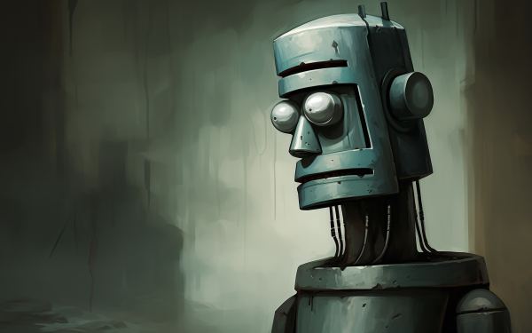 Artistic illustration of a vintage robot for HD desktop wallpaper, with a moody, atmospheric background.