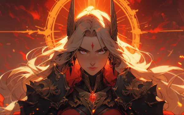 A majestic warrior in armor with a fierce gaze, set against a fiery red backdrop, serves as a dramatic HD desktop wallpaper.