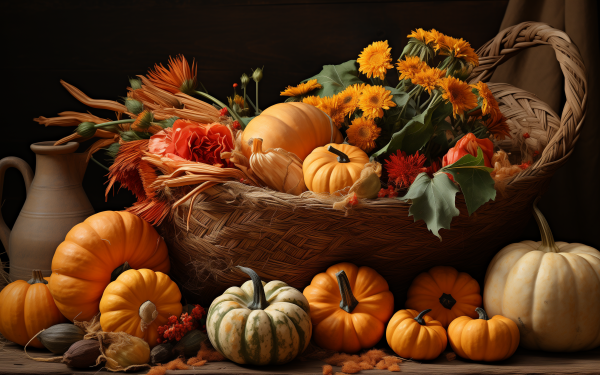 HD wallpaper featuring a wicker basket filled with pumpkins and autumn flowers on a dark background, perfect for a festive desktop background.