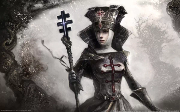 Disciples (Video Game) 2K Quad HD PC desktop wallpaper: solemn armored nun-like warrior holds an ornate staff in a snowy, gothic landscape framed by dark filigree.