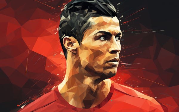 HD desktop wallpaper featuring a stylized artistic illustration of a soccer player on a red geometric background.