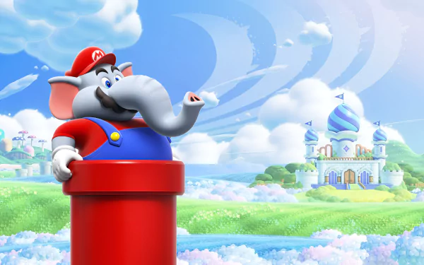 Alt-text: HD Super Mario Bros. themed desktop wallpaper featuring Mario transformed into an elephant standing on a warp pipe with a whimsical castle and clouds background.