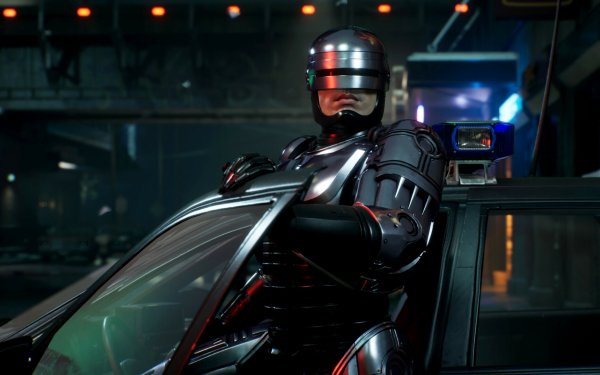 HD wallpaper featuring a detailed RoboCop character from RoboCop: Rogue City, poised next to a patrol car in a futuristic cityscape for desktop background.