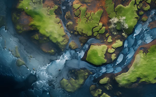 High-definition desktop wallpaper featuring an aerial view of a meandering creek with vibrant green landscapes for a serene background.