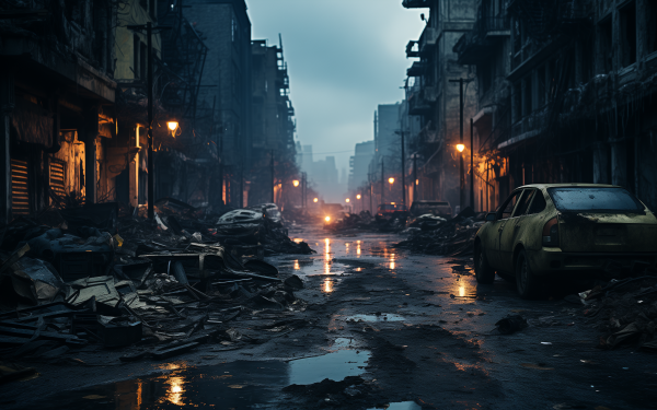 HD wallpaper of a post-apocalyptic city scene with deserted streets, decaying buildings, an abandoned car, and remnants of destruction, capturing the mood of war-torn urban decay.