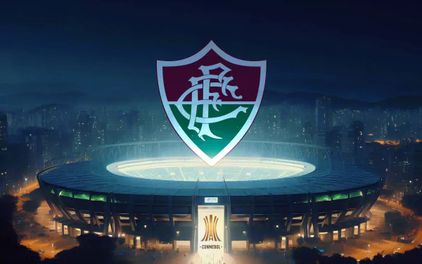 4K Ultra HD PC desktop wallpaper showing Maracanã Stadium at night with glowing pitch and large floating Fluminense FC crest over the city skyline — sports-themed background.