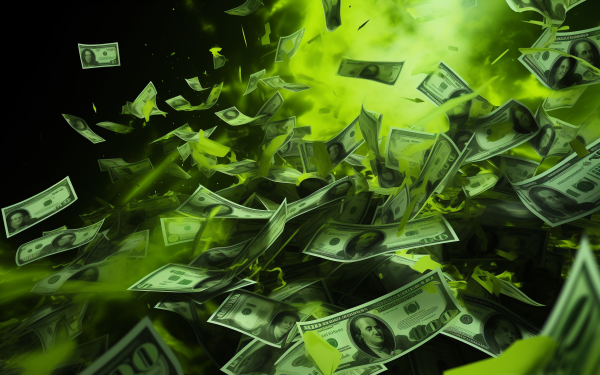 Abstract explosion of dollar bills with green color effect for HD desktop wallpaper.