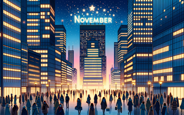 Animated November cityscape wallpaper featuring a bustling crowd of silhouetted people walking between illuminated skyscrapers under a starry sky.