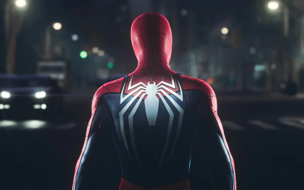 HD desktop wallpaper featuring Spider-Man from Marvel's Spider-Man 2 video game, with Spider-Man gazing over the city at night.