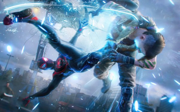 HD wallpaper of Marvel's Spider-Man 2 featuring Miles Morales engaged in an action-packed battle scene, perfect for desktop backgrounds.