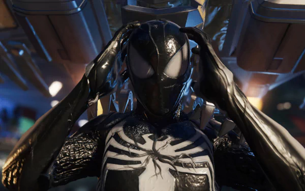 A striking HD wallpaper featuring the character from Marvel's Spider-Man 2, showcasing a close-up of Spider-Man adjusting his mask in a dynamic urban environment.