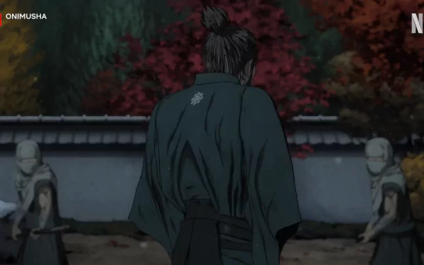 HD wallpaper of a scene from Onimusha (2023) featuring an animated character in traditional attire facing a vibrant autumn scenery with subtle figures in the background.
