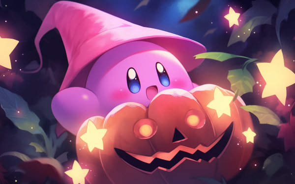 HD desktop wallpaper featuring Kirby with a pumpkin, sparkling stars, and a magical atmosphere, perfect for a playful background.