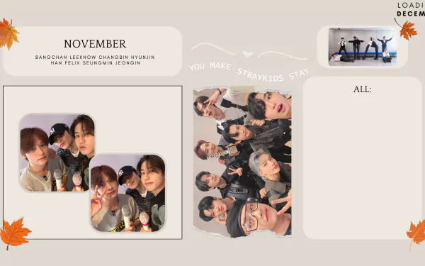 HD PC desktop wallpaper featuring the music group Stray Kids with autumn-themed design elements and photos of the members arranged creatively.