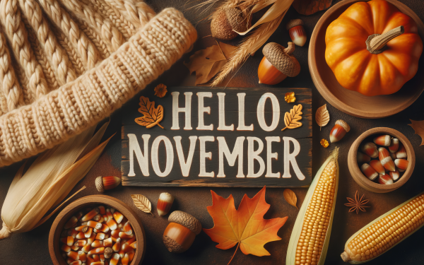 Hello November themed HD wallpaper with autumn harvest elements including pumpkins, corn, nuts, and fall leaves.