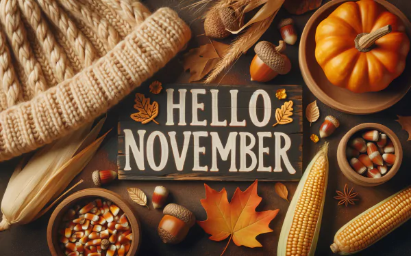 HD desktop wallpaper featuring a Hello November sign, surrounded by autumn elements like pumpkins, corn, acorns, and colorful leaves.