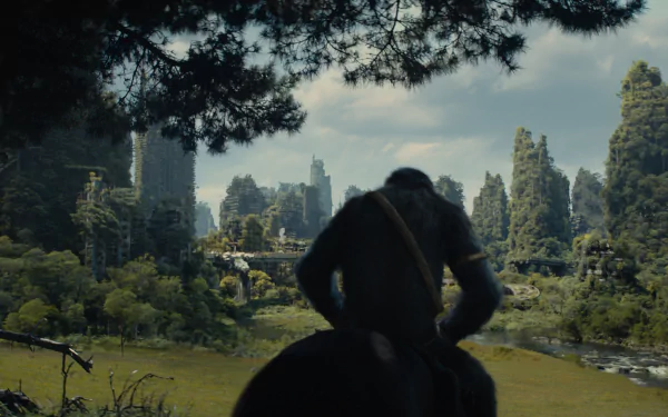 HD wallpaper from 'Kingdom of the Planet of the Apes' featuring a contemplative ape silhouette against a lush, post-apocalyptic cityscape.