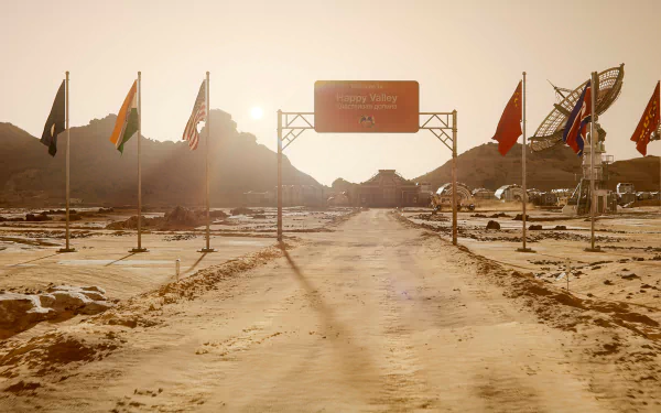 HD desktop wallpaper featuring 'For All Mankind' with an array of international flags and a Mars habitat under an orange sky.