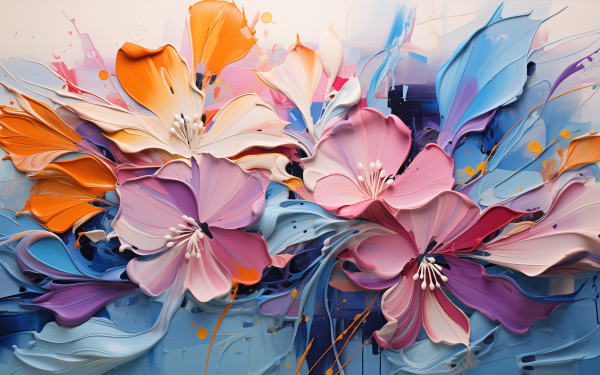 Colorful floral paint HD wallpaper featuring vibrant abstract flowers in hues of orange, blue, and pink, perfect for desktop background.