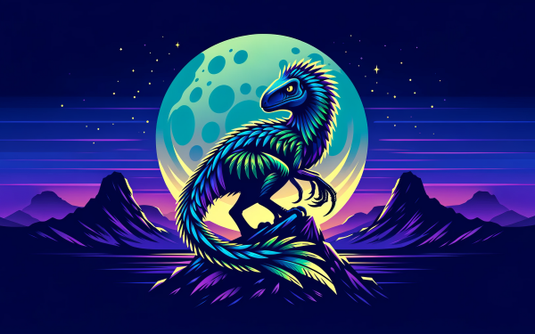 Vibrant mythical creature illustration with a majestic moon background for HD desktop wallpaper.