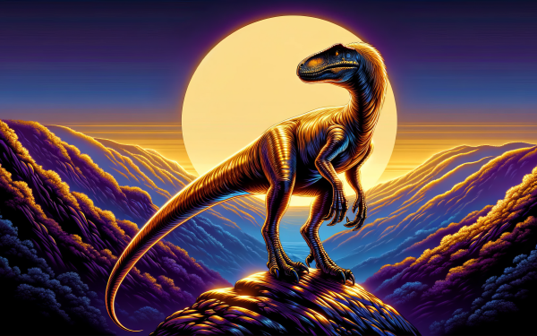 Dinosaur silhouette against a surreal sunset for HD wallpaper, featuring vibrant colors and a majestic prehistoric scene.
