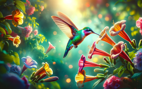 Colorful hummingbird hovering over vibrant flowers with sunlight streaming through foliage, HD desktop wallpaper.