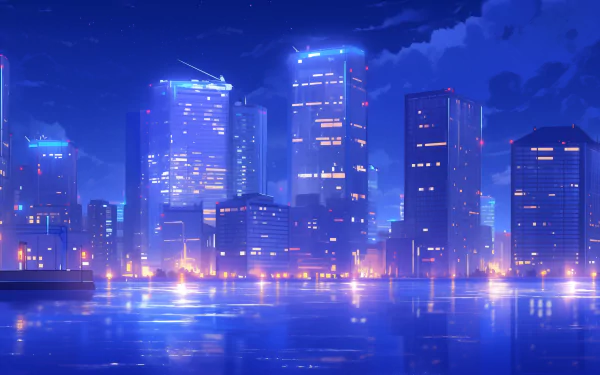 Futuristic city skyline at night with glowing lights reflecting on water for HD desktop wallpaper.