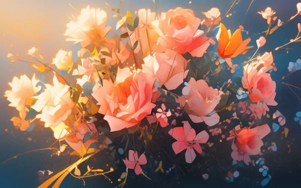 A vibrant bouquet of pink roses and delicate flowers, beautifully illustrated with soft colors, serves as an enchanting HD desktop wallpaper and background, bringing nature indoors.