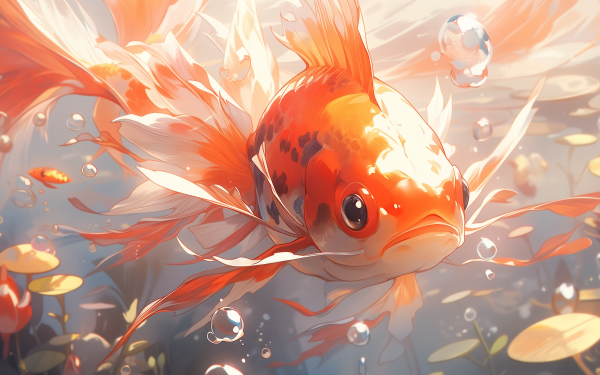 HD wallpaper featuring a vibrant goldfish amidst bubbles and light flares for desktop background.