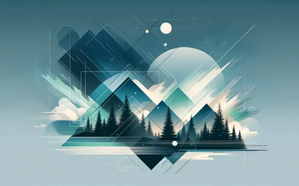 Abstract geometric mountain scenery HD wallpaper with pine trees and soft pastel colors for desktop background.