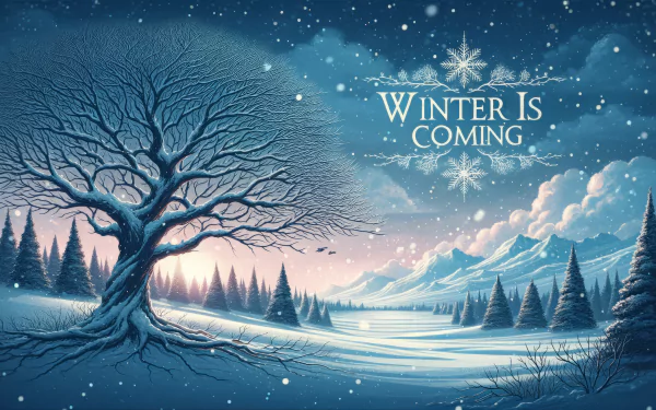 Winter landscape HD wallpaper with snowy trees and Winter Is Coming text.
