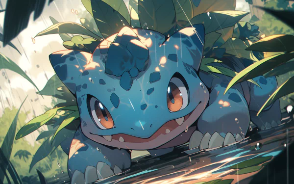A vibrant HD desktop wallpaper featuring Ivysaur, the Pokémon, surrounded by lush greenery and shimmering water, showcasing its playful nature in a colorful anime style.
