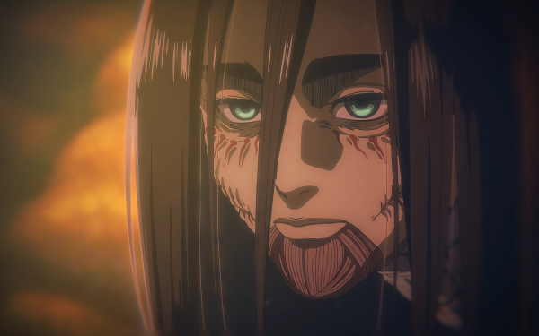 HD desktop wallpaper featuring a close-up of Eren Yeager from Attack on Titan with intense eyes against a fiery backdrop, perfect for anime background themes.
