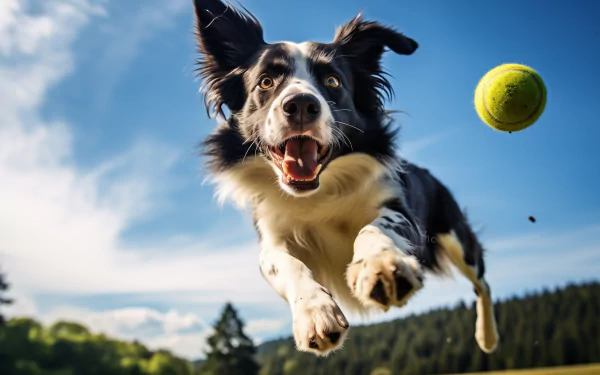 A lively border collie leaps joyfully in a field, chasing a green tennis ball, set against a serene blue sky. This captivating image serves as a vibrant HD desktop wallpaper.
