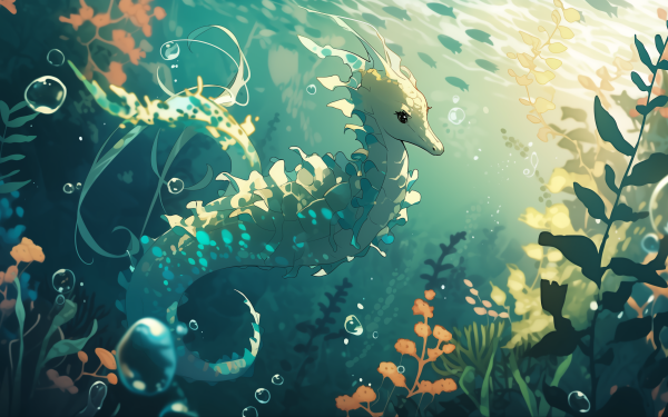 HD wallpaper of a stylized seahorse swimming amid vibrant underwater flora and light rays in a serene ocean scene.