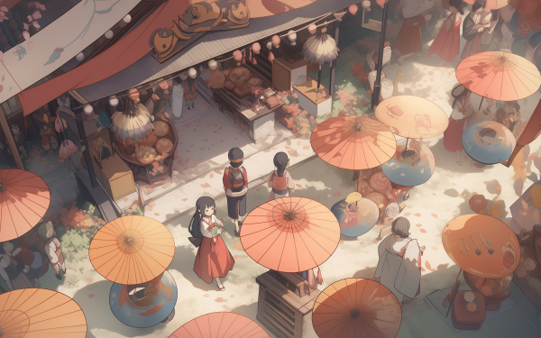 HD wallpaper of an original animated festival scene with vibrant umbrellas and bustling market stalls, ideal as a desktop background.