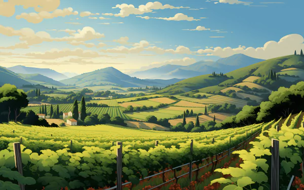 HD desktop wallpaper of a scenic vineyard landscape with lush green fields stretching towards rolling hills under a clear sky.