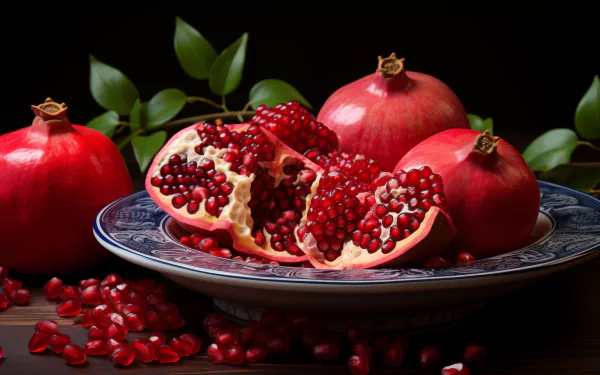 HD wallpaper of ripe pomegranates and seeds beautifully arranged on a decorative plate with a dark background for an elegant desktop background.